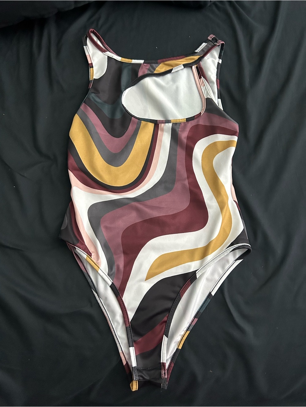 Retro Wave One-Piece Swimsuit in Mustard, Burgundy & Ivory